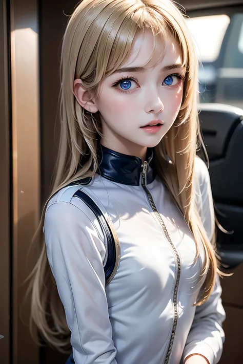 masterpiece,Best Quality,Very detailed,beautiful girl, teenager,Pilot Suit,plane,Small breasts,Narrow waist,Blonde,Perfect Blue Eyes,Very cute,Active pose