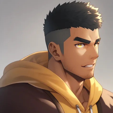 anime characters：Gyee, Young Muscle Sports Sexy Teacher, negro black skin, Manliness, male focus, Dark red long-sleeved hooded sweatshirt, Very tight, muscular male, muscular, only, Upper body, alone, Black short hair, Thick eyebrows, stubble, Yellow eyes,...