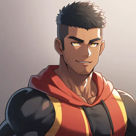 anime characters：Gyee, Young Muscle Sports Sexy Teacher, negro black skin, Manliness, male focus, Dark red long-sleeved hooded sweatshirt, Very tight, muscular male, muscular, only, Upper body, alone, Black short hair, Thick eyebrows, stubble, Yellow eyes,...