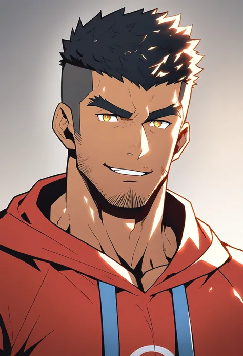 anime characters：Gyee, Young Muscle Sports Sexy Teacher, negro black skin, Manliness, male focus, Dark red long-sleeved hooded sweatshirt, Very tight, muscular male, muscular, only, Upper body, alone, Black short hair, Thick eyebrows, stubble, Yellow eyes,...