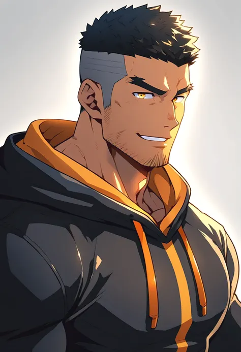 anime characters：Gyee, Young Muscle Sports Sexy Teacher, negro black skin, Manliness, male focus, Dark red long-sleeved hooded sweatshirt, Very tight, muscular male, muscular, only, Upper body, alone, Black short hair, Thick eyebrows, stubble, Yellow eyes,...