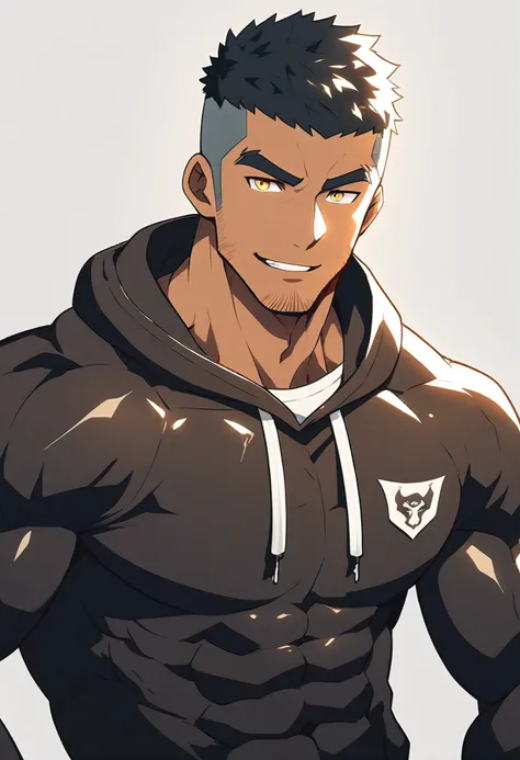 anime characters：Gyee, Young Muscle Sports Sexy Teacher, negro black skin, Manliness, male focus, Dark red long-sleeved hooded sweatshirt, Very tight, muscular male, muscular, only, Upper body, alone, Black short hair, Thick eyebrows, stubble, Yellow eyes,...