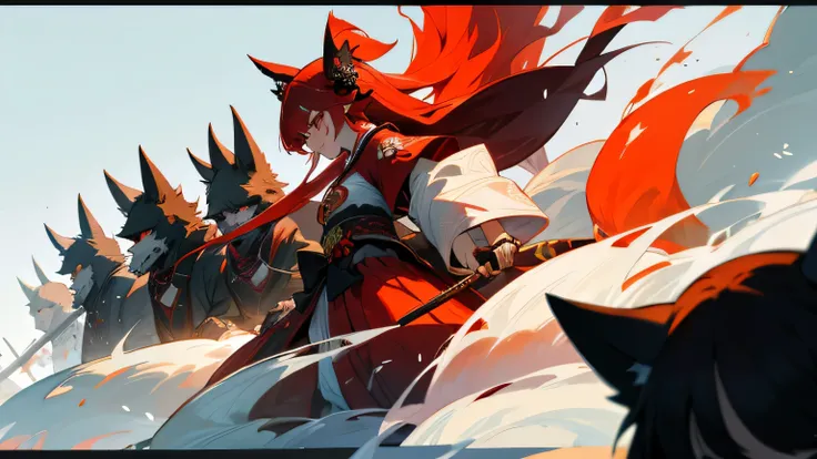 A group of samurai confronting a shrine maiden dressed as a fox spirit.、　Sacred fantasy style