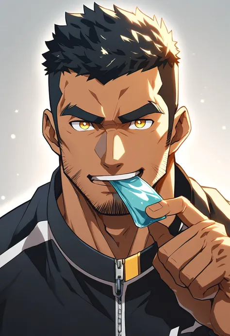 anime characters：Gyee, Young Muscle Sports Sexy Teacher, negro black skin, Manliness, male focus, Camouflage tights, Very tight, muscular male, muscular, only, Upper body, alone, Black short hair, Thick eyebrows, stubble, Yellow eyes, Grey background, simp...