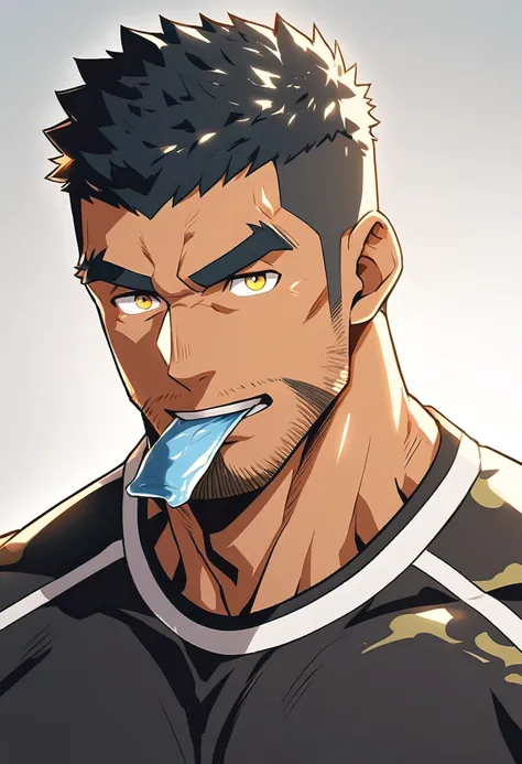 anime characters：Gyee, Young Muscle Sports Sexy Teacher, negro black skin, Manliness, male focus, Camouflage tights, Very tight, muscular male, muscular, only, Upper body, alone, Black short hair, Thick eyebrows, stubble, Yellow eyes, Grey background, simp...