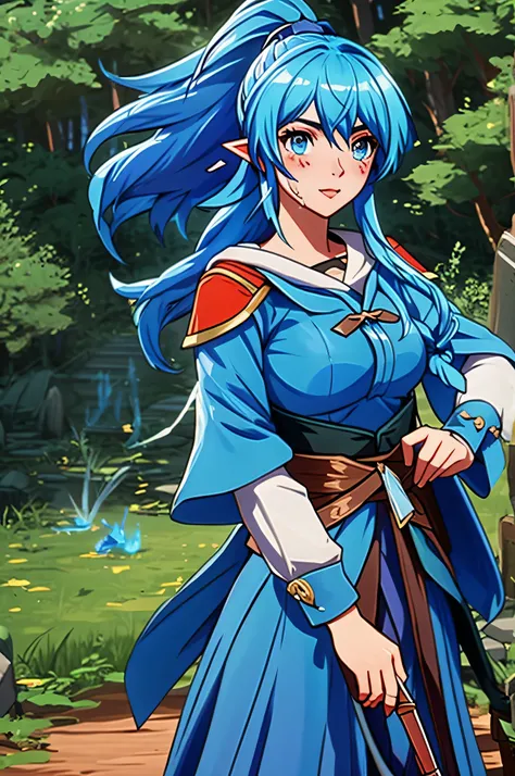 art epic Hero mmorpg game  with blue hair gathered in a high ponytail , moonlight archer - an elf from the Forests of Azria, in the style of anime art , skillfully wielding a bow in a blue outfit and cloak, sits on the battlefield with a crossbow in his ha...