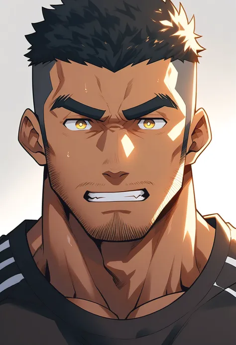 anime characters：Gyee, Young Muscle Sports Sexy Teacher, negro black skin, Manliness, male focus, Brown tights, Very tight, muscular male, muscular, only, Upper body, alone, Black short hair, Thick eyebrows, stubble, Yellow eyes, Grey background, simple ba...