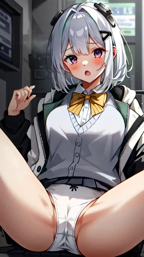 nsfw,1 girl, masterpiece, Best Quality,Upper Body,Nicky Domi,(low length),(Big breasts), Alone, (White panties:1.5),Pleated skirt, Check pattern, Silver Hair,Mid-length hair,Hair Accessories, Bow tie, Sweater vest, (White jacket), Grey sweater, yellow Bow ...