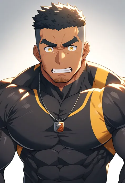 anime characters：Gyee, Young Muscle Sports Sexy Teacher, negro black skin, Manliness, male focus, Brown tights, Very tight, muscular male, Huge and round chest muscles, only, Upper body, alone, Black short hair, Thick eyebrows, stubble, Yellow eyes, Grey b...