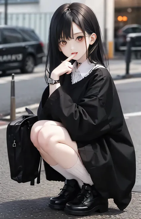 Vampire Girl，Black Hair，Red Eyes，White socks，Black skirt，Pale skin，girl，