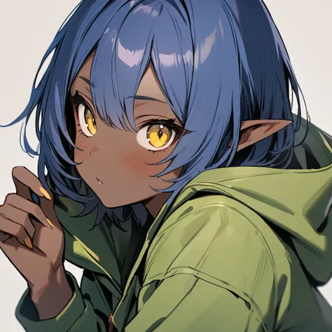 masterpiece, best quality, 1girl, solo, simple background,short hair,brown skin,blue hair,cat eyes,yellow eyes,pointy ears, green coat, looking at viewer,