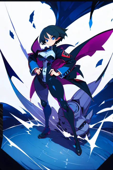 overlord asagi, 1girl, solo, short hair, blue eyes, looking at viewer, black hair, large breasts, pointy ears, bodysuit, leotard, jacket, hand on hip, standing, full body