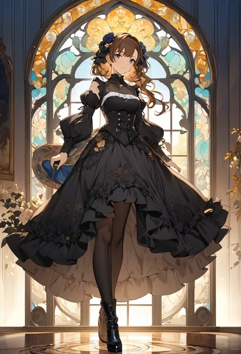 Enchanting scene of a young woman holding a teacup amidst elaborate decoration, (((Upper Body))), (((gothic))), Flower Arch,she was adorned with hair accessories、, Wavy brown hair。Ruffled mini skirt, sheの表情は自然だ, Calm expression. she wore a dress with ruffl...