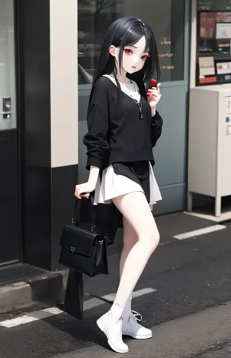 Vampire Girl，Black Hair，Red Eyes，White socks，Black skirt，Pale skin，girl，