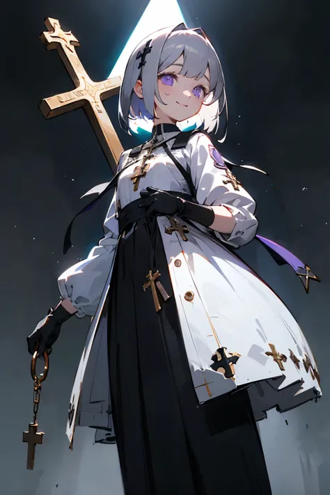 ((Best Quality)), ((masterpiece)), (detailed), Black sister clothes woman、Grey Hair、Bob、Purple Eyes、Girl、Young Black Gloves、Eyes glowing. Background is dark. Standing. 、smile、Pray、
holy water、Cross key chain hanging from the neck