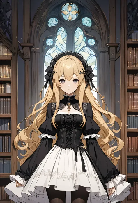 A captivating scene of a beautiful woman standing in front of an elaborate bookshelf, (((Upper Body))), (((gothic))),,she was adorned with hair accessories、, Wavy Blonde..。Ruffled mini skirt, sheの表情は自然だ, Calm expression. she wore a dress with ruffled sleev...