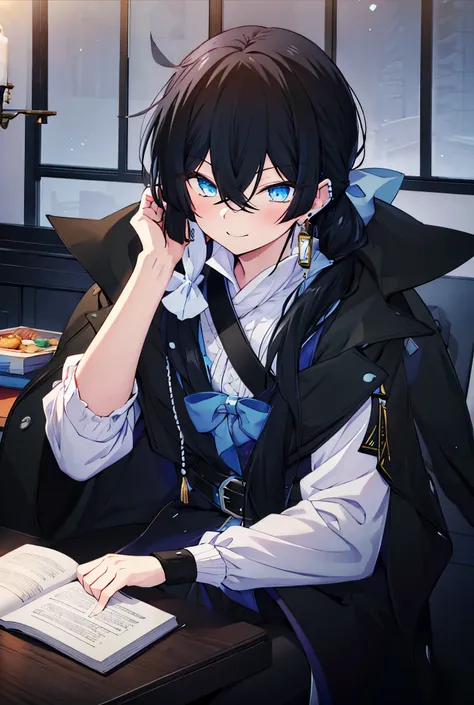 alone,((male))),black hairlong hairstraight,patsun,hair tied down,ruffled blouse,chain belt black pants,blue gemstone earrings,b...