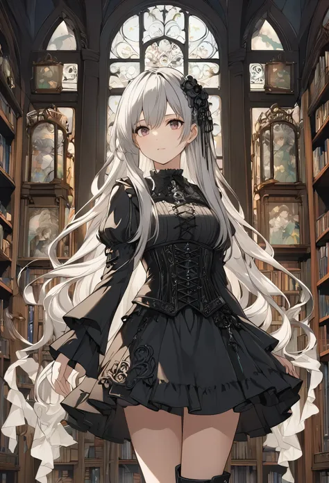 A captivating scene of a beautiful woman standing in front of an elaborate bookshelf, (((Upper Body))), (((gothic))),,she was adorned with hair accessories、, Straight silver hair..。Ruffled mini skirt, sheの表情は自然だ, Calm expression. she wore a dress with ruff...