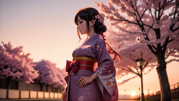 An anime girl stands beneath a blooming cherry blossom tree during sunset. Her kimono flutters gently in the breeze, and petals fall around her. What emotions does she harbor as the day transitions to night?