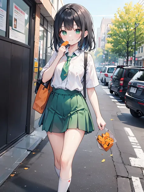 ((Best Quality, 8k, masterpiece: 1.3)),people間の女の子,１people,１peopleで,((Petite,Glamorous Body,Curvy)),cute,((A smiling face as she munches on sweet potato with relish)),((Long black hair)),Beautiful emerald green eyes,(((Holding a large half-eaten sweet pota...