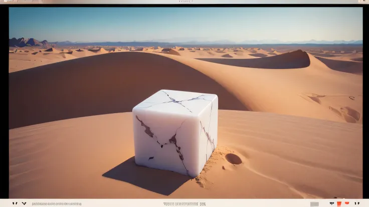 a (((wide))) camera shot of a (((zoomed out))) (((vast))) desert with a (((small))) white marble cube in the distance
