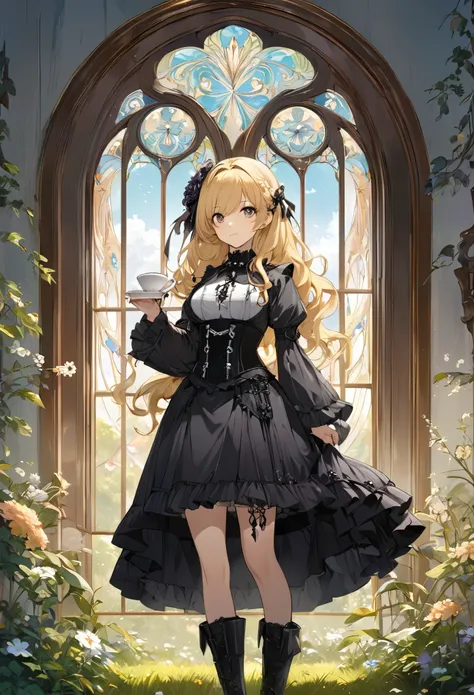 Enchanting scene of a young woman drinking tea on the lawn, (((Upper Body))), (((gothic))), ,she was adorned with hair accessories、, Wavy blonde..。Ruffled mini skirt, sheの表情は自然だ, Calm expression. she wore a dress with ruffled sleeves and a tight corset...、...