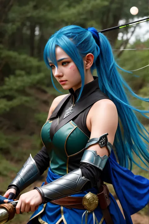 art epic Hero mmorpg game  with blue hair gathered in a high ponytail , moonlight archer - an elf from the Forests of Azria, in the style of anime art , skillfully wielding a bow in a blue outfit and cloak, sits on the battlefield with a crossbow in his ha...