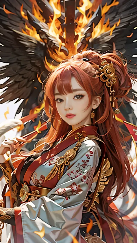 (Full body portrait), (close) ,1 girl，Korean Girls, , A fire magician dressed in fiery red（Chinese Hanfu），The robes are embroidered with intricate runes.，Decorated with burning fragrance。He was tall and strong，Raise your hand，A powerful fire spell is unlea...