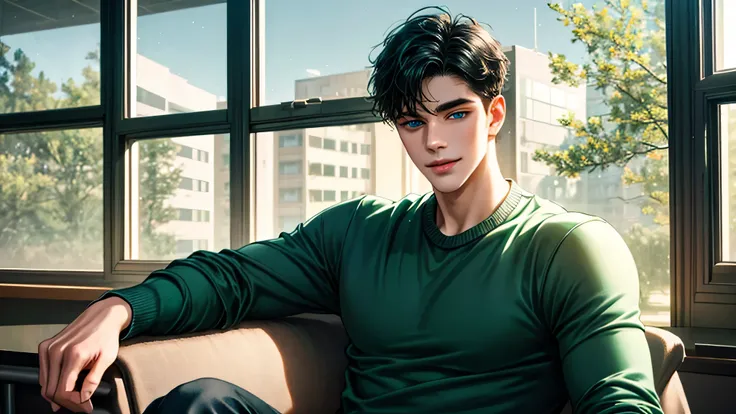 Handsome young man, black hair short hair, blue eyes, ombros largos, masterpiece, Absurd, Beautiful and detailed face, with dark green long sleeved sweater, daytime environment, sitting in a classroom, seductive smile