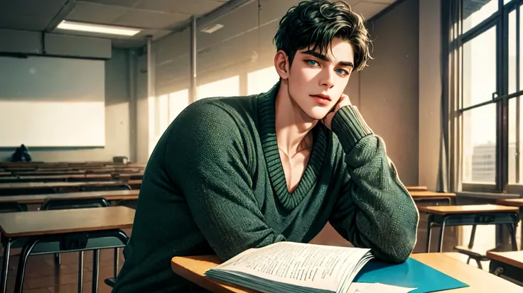 Handsome young man, black hair short hair, blue eyes, ombros largos, masterpiece, Absurd, Beautiful and detailed face, with dark green long sleeved sweater, daytime environment, sitting in a classroom, 