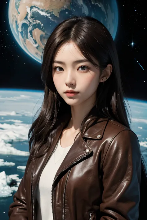 Beautiful Japanese woman. Detailed drawing of the face.An intelligent impression. Dark brown hair. She is looking at the camera with a serious expression. She is twenty-eight years old. She is wearing a brown leather jacket. In the space behind her is an i...