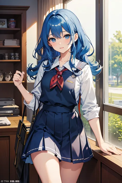 Cute girl anime visuals, high detailed Official Artwork, Anime Moe Art Style, Light novel cover art, Blue Hair,Curly hair,Official Artwork, Young Anime Girl, Beautiful anime school girl, konpeki no kantai, clean detailed anime art, Official Art