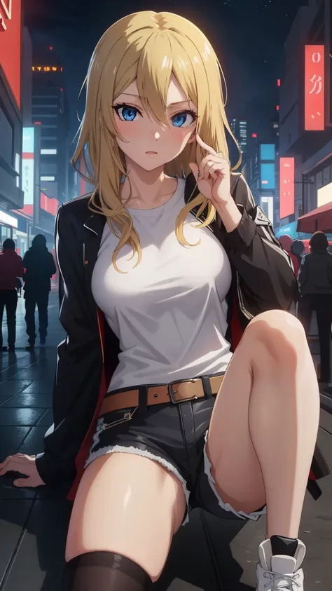 hayasaka,blonde hair, blue eyes, 1 girl,alone, hair between eyes, (silver jacket, t-shirt, shorts, cyberpunk style, night city, ...