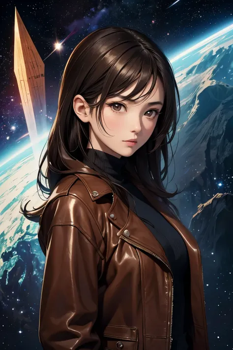 Beautiful Japanese woman. Detailed drawing of the face.An intelligent impression. Dark brown hair. She is looking at the camera with a serious expression. She is twenty-eight years old. She is wearing a brown leather jacket. In the space behind her is an i...