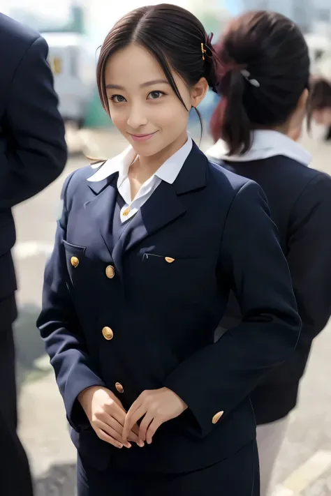(masterpiece:1.2, Best Quality:1.2), 32K HDR, High resolution, (Alone、1 girl)、（On the roof of a building during the day、Professional Lighting）、Building rooftop background、（Japan Air System cabincrew Uniformを着たリアルスタイル）、（（Japan Air System cabincrew uniform j...