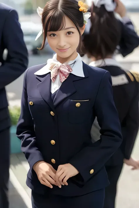 (masterpiece:1.2, Best Quality:1.2), 32K HDR, High resolution, (Alone、1 girl)、（On the roof of a building during the day、Professional Lighting）、Building rooftop background、（Japan Air System cabincrew Uniformを着たリアルスタイル）、（（Japan Air System cabincrew uniform j...