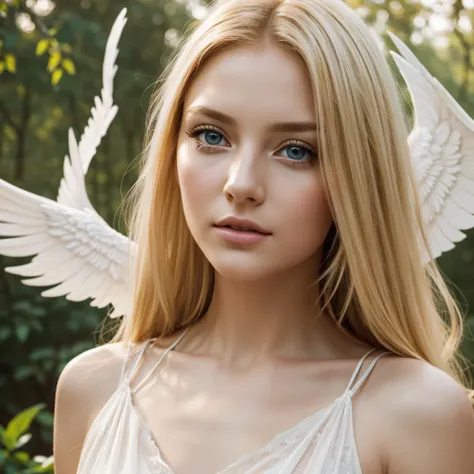 beautiful blonde angel girl in white dress, detailed face and eyes, Long eyelashes, Unearthly, Heavenly, serene, Shining кожа, angelic expression, soft lighting, fine details, complex fabric textures, dreamy, (best quality, 4K, 8k, High resolution, masterp...