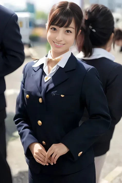 (masterpiece:1.2, Best Quality:1.2), 32K HDR, High resolution, (Alone、1 girl)、（On the roof of a building during the day、Professional Lighting）、Building rooftop background、（Japan Air System cabincrew Uniformを着たリアルスタイル）、（（Japan Air System cabincrew uniform j...