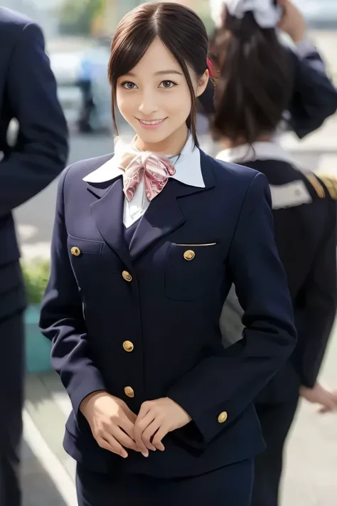 (masterpiece:1.2, Best Quality:1.2), 32K HDR, High resolution, (Alone、1 girl)、（On the roof of a building during the day、Professional Lighting）、Building rooftop background、（Japan Air System cabincrew Uniformを着たリアルスタイル）、（（Japan Air System cabincrew uniform j...
