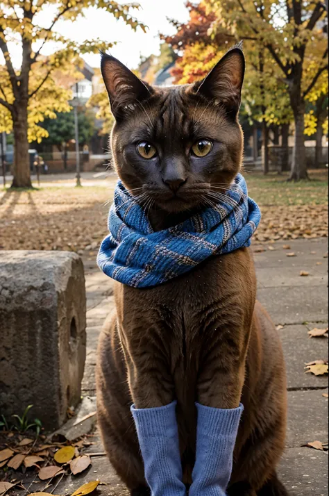 A Siamese happy cat in a bright scarf. autumn background.