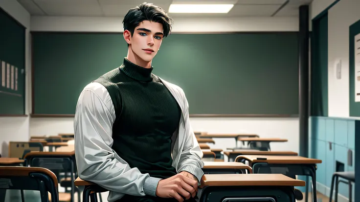 Ultra HD, high definition, Handsome young man, Grayish black hair, short hair, blue eyes, ombros largos, masterpiece, Absurd, Beautiful and detailed face, with dark green long sleeved sweater, daytime environment, sitting in a colorful classroom, gentle sm...