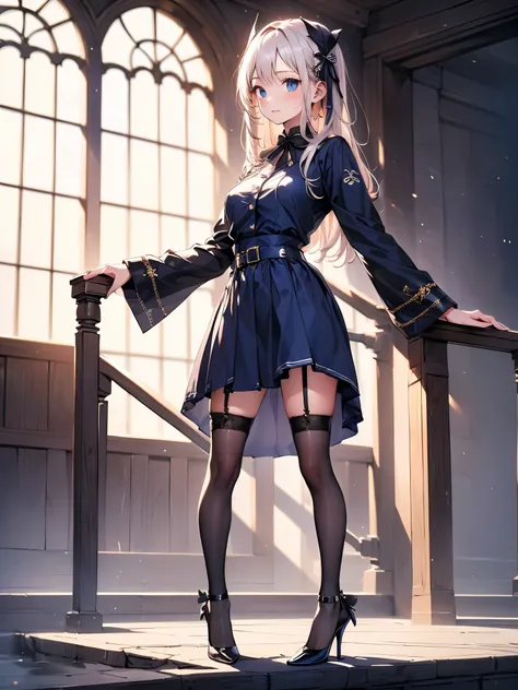 (masterpiece,best quality, highest quality,Full Body Shot,Including face,1girl:1.5),4K,masterpiece,((High heels,black garter stockings,anklet)),(Blue Uniform)