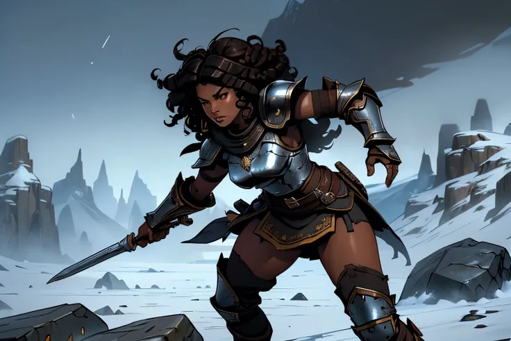 ((1 african warrior girl, curly hair, dark hair, brown eyes, black skin)), (skyrim style armor, skyrim armor), medieval setting, medieval warrior girl, bearskin skirt, metal boots, battle pose on a mountain, ice mountain, falling snow