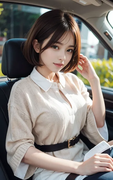 Cute 2 Japan、In the car seat、Sit、Super detailed face、Attention to detail、double eyelid、Beautiful thin nose、Sharp focus:1.2、Beautiful woman:1.4、(Light Brown Hair,Short Hair, White skin、Best Quality、Sparkle、masterpiece、Ultra-high resolution、(Photorealistic:1...