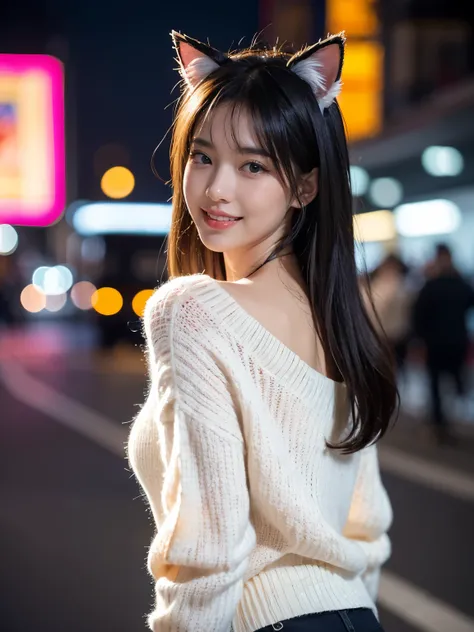 selfie, smiling happily, wink, running to viewer, upper body, smiling wide, diamond face shape, looking at viewer, (wear blue light sweater), ultra high resolution, (realistic: 1.4), (road), black hair, full body, (so large breasts), running, bob cut, Irid...