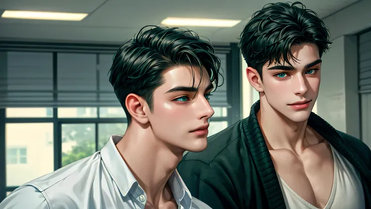 Ultra HD, high definition, Handsome young man, Grayish black hair, short hair, blue eyes, ombros largos, masterpiece, Absurd, Beautiful and detailed face, with dark green long sleeved sweater, Sunny daytime environment,  in a colorful classroom, gentle smi...