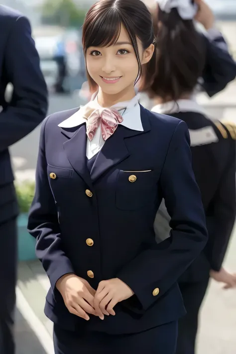 (masterpiece:1.2, Best Quality:1.2), 32K HDR, High resolution, (Alone、1 girl)、（On the roof of a building during the day、Professional Lighting）、Building rooftop background、（Japan Air System cabincrew Uniformを着たリアルスタイル）、（（Japan Air System cabincrew uniform j...