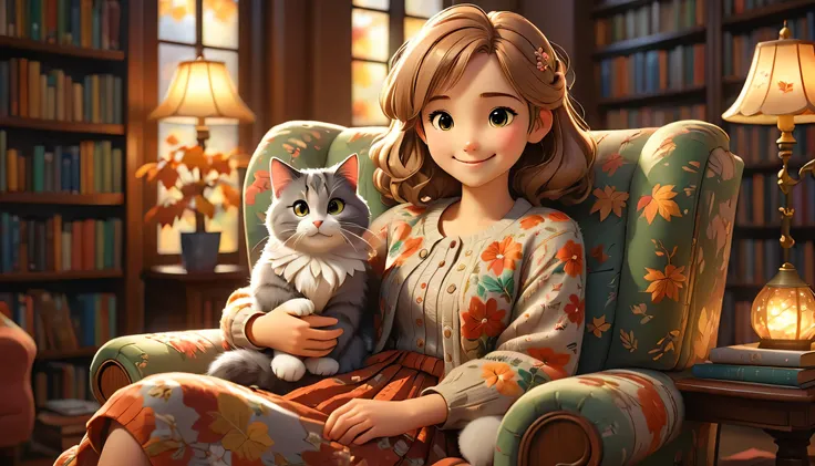 "((Lo-Fi drawing styles:1.5)), A heartwarming, highly detailed 3D-rendered illustration of a young woman in an anime style, sitting on a cozy armchair in a library in autumn, wearing a floral-patterned dress with a light cardigan, smiling with joy as she p...