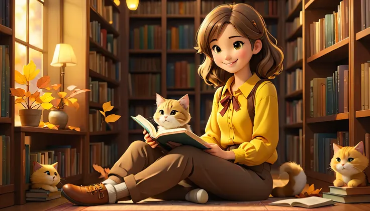 "((Lo-Fi drawing styles:1.5)), A heartwarming, highly detailed 3D-rendered illustration of a young woman in an anime style, leaning against a bookshelf in a library in autumn, wearing a stylish yellow blouse and brown trousers, smiling brightly as she hold...