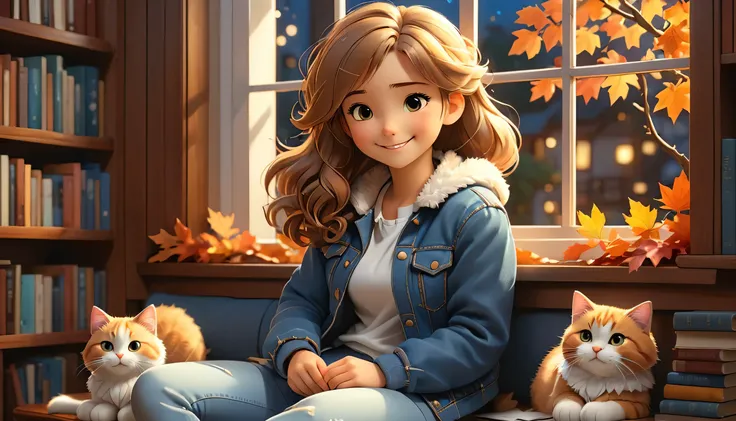 "((Lo-Fi drawing styles:1.5)), A heartwarming, highly detailed 3D-rendered illustration of a young woman in an anime style, sitting on a window seat in a library in autumn, wearing a casual denim jacket over a white blouse and jeans, smiling as she looks a...